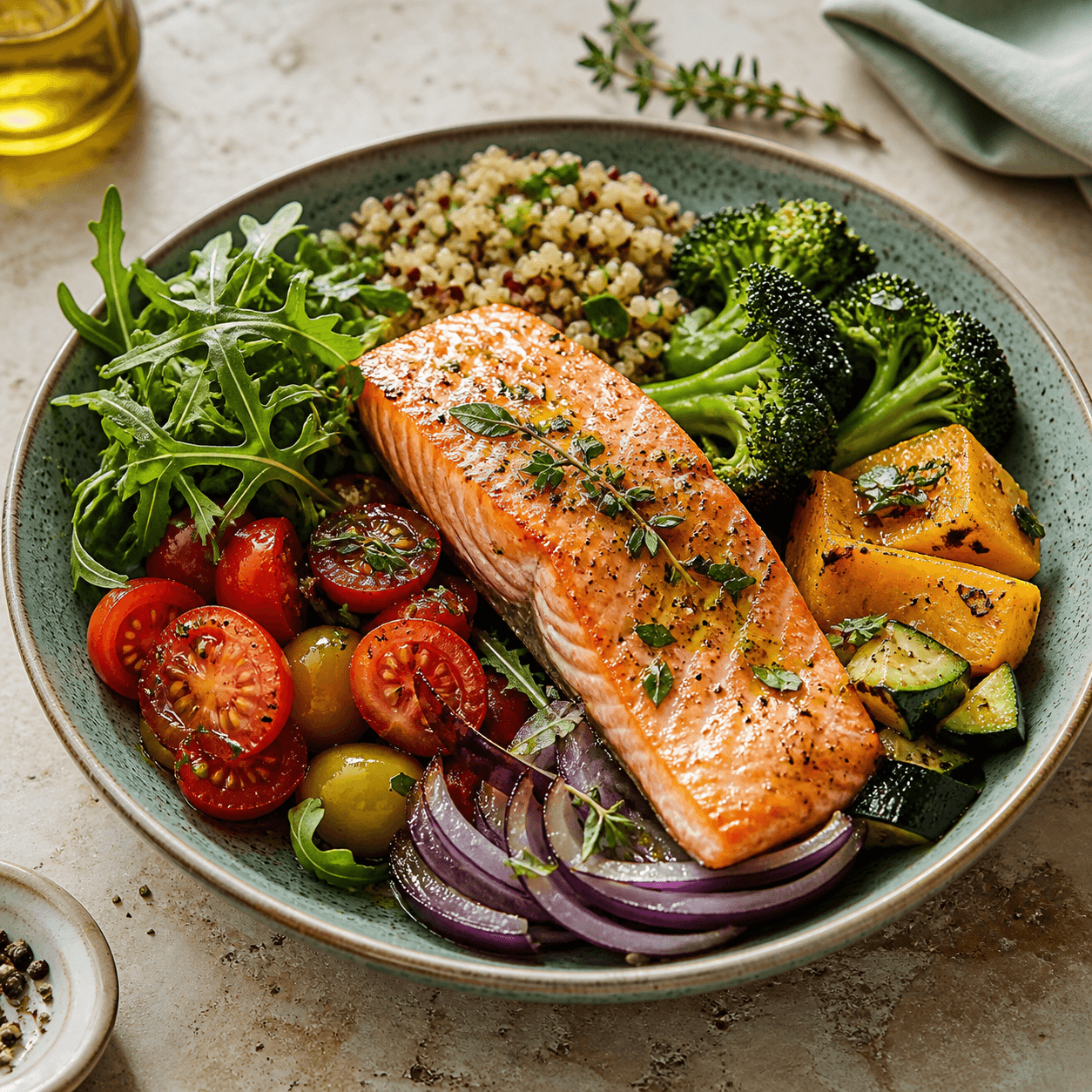 Ausgewogene Mahlzeit mit Lachs, Gemüse und Getreide